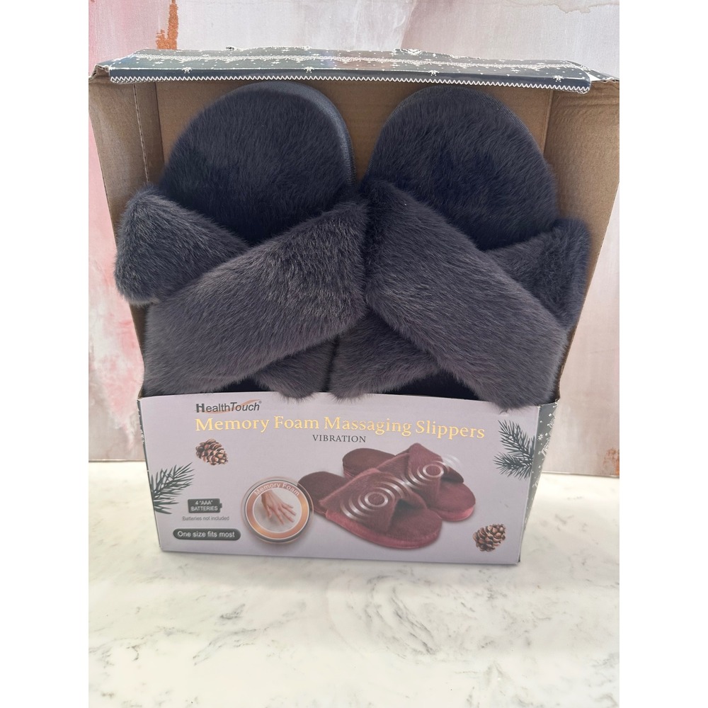 HealthTouch Memory Foam Massaging Slippers Vibration Grey Faux Fur OSFM New